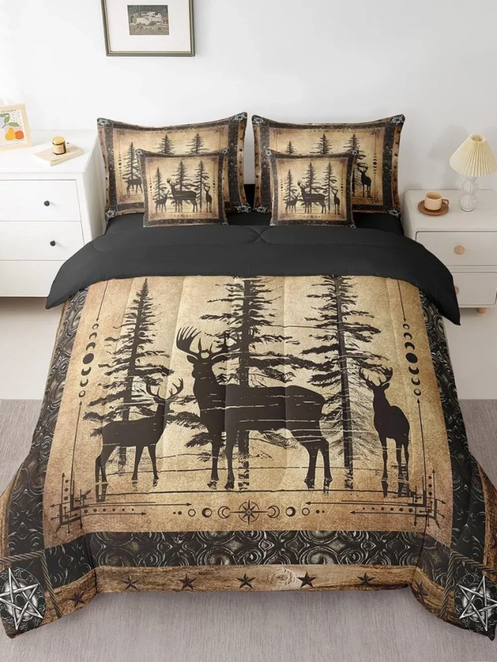 Rustic Deer Comforter Set 7 Piece Farmhouse Cabin Bed in A Bag King Western Wood